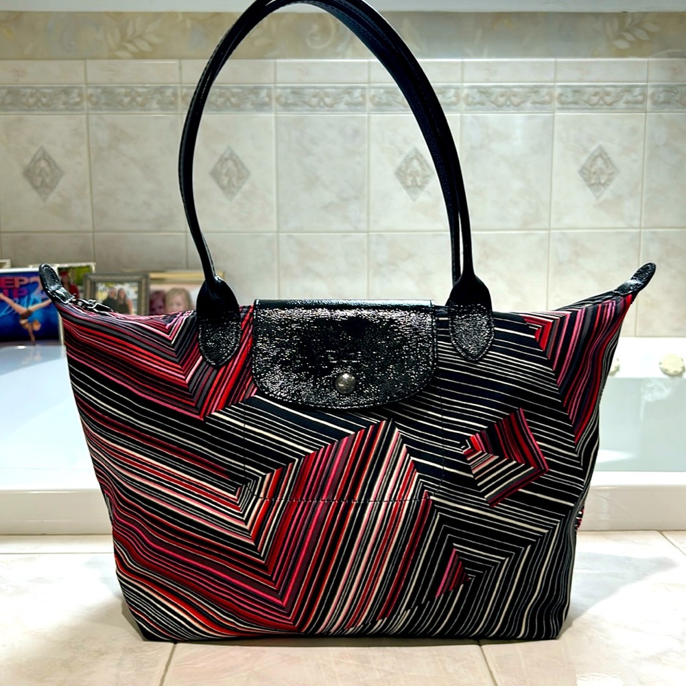 Longchamp Op’Art Le Pliage Stripe Cloth & Leather Handle Tote